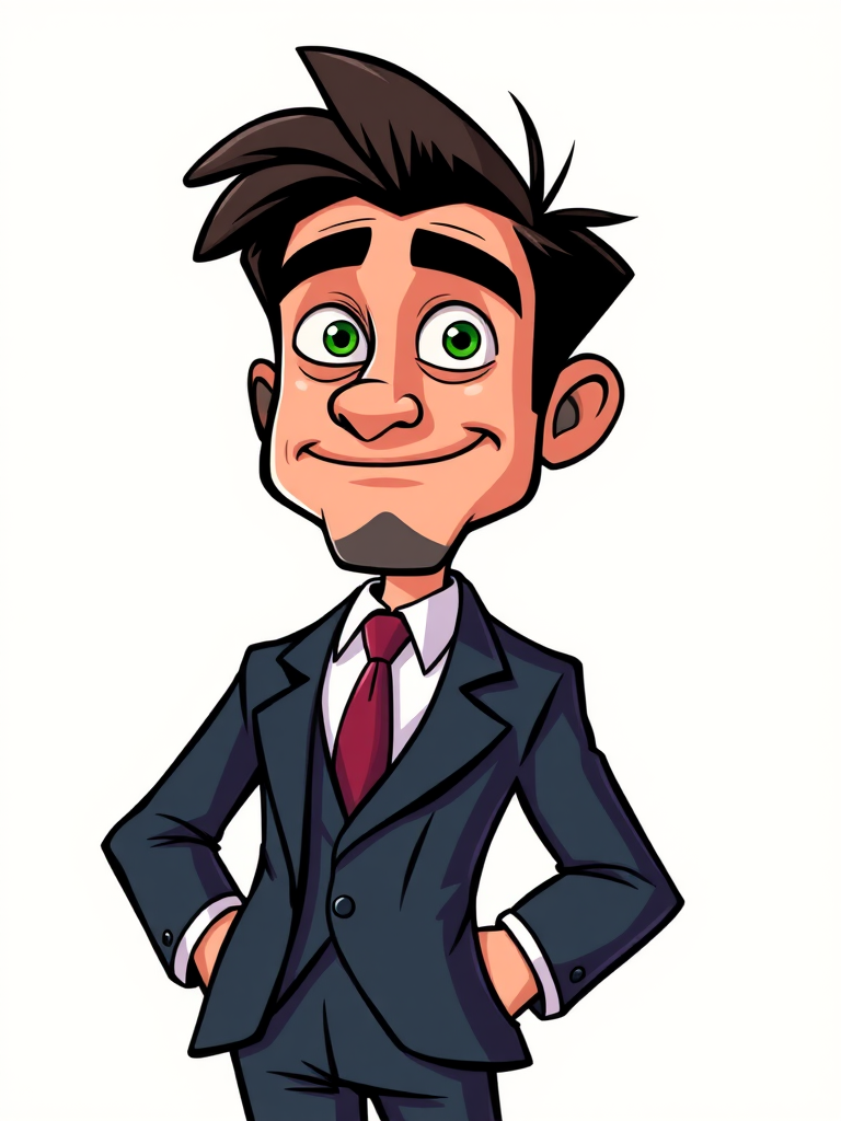 cartoon style character of a man in a suit with exaggerated features, standing confidently with a slight smile, bright colors, high contrast, camera settings: f/4, ISO 100, shutter speed 1/200, camera view: eye level, camera style: vector illustration, camera type: digital art