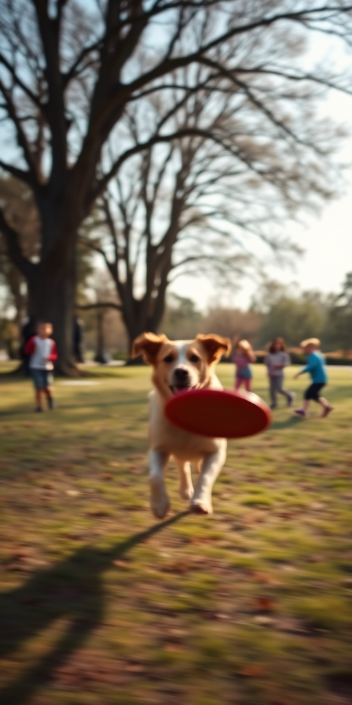 Blurry, candid photo of a dog chasing a frisbee in a park, soft focus on the motion, distant trees casting long shadows, and the sound of children laughing and playing in the background.