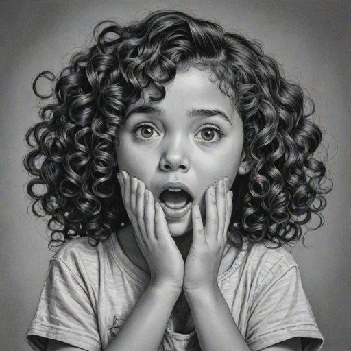The image is a black and white illustration of a young girl with curly hair. She has a surprised expression on her face with her mouth open and her hands clasped together in front of her chest. Her eyes are wide and her eyebrows are furrowed. Her hair is styled in loose curls that are cascading down her back. The overall mood of the image is one of shock or surprise.