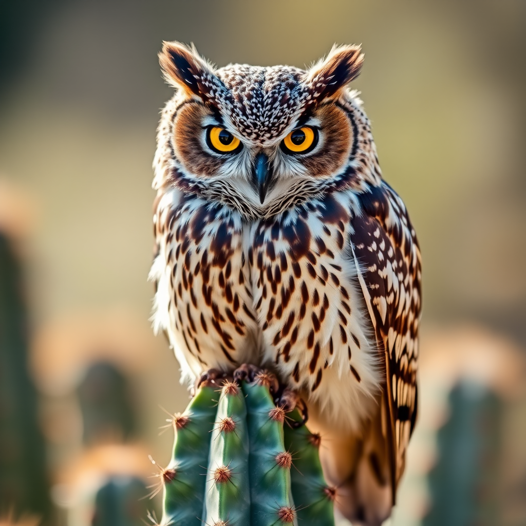 Generate an image of a majestic owl perched on a cactus. The owl should have striking yellow eyes and intricate feather patterns, showcasing a mix of browns and whites. The background should be softly blurred to emphasize the owl, capturing a bright and natural setting.