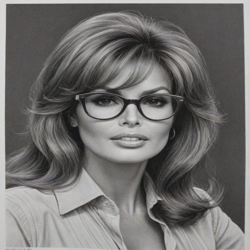 Magnificent Raquel Welch, pencil sketch, portrait of Sublime woman 1972s in glasses, hair style beatnik, outline, clear lines, fine lines, 8k