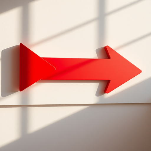 Create a high-resolution image of a stylized red and white arrow pointing left with distinct edges and a 3D effect, using a Canon EOS R5, 50mm lens at f/1.8, ISO 100, 1/200s, shoot from a slight angle for depth, with natural lighting to enhance the colors and shadows.