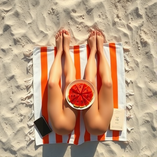 aerial view of a beach scene with two pairs of legs on a towel, a plate of watermelon, and books beside them, sunny day, vibrant colors, soft focus, shot with a DSLR camera at f/2.8, ISO 100, 24mm lens, high dynamic range, natural light