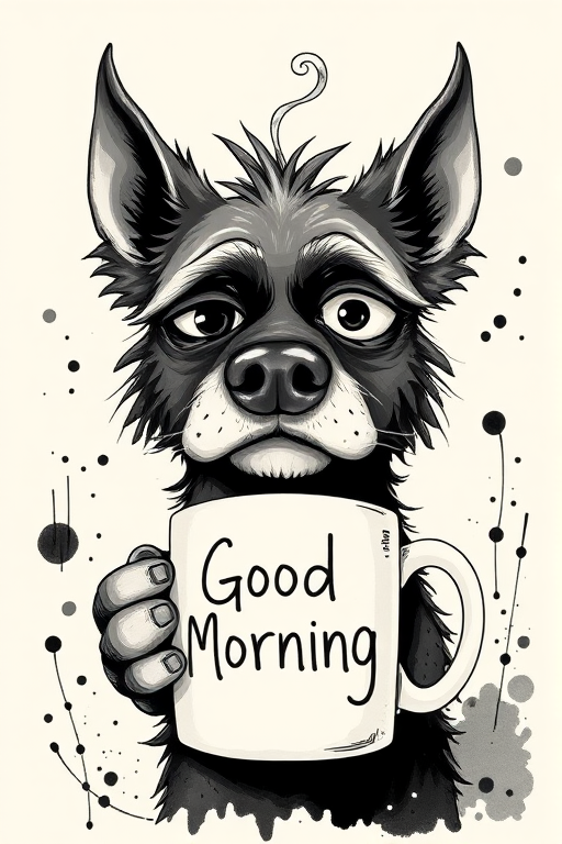 A quirky, artistic illustration of a disheveled bull arab dog breed with exaggerated, large eyes and spiky fur, holding a coffee mug that reads "Good Morning". The dog has a tired but humorous expression, with ink splatters and abstract details surrounding it, giving a whimsical feel to the image. The color palette is mostly monochrome with hints of white in the eyes and steam rising from the mug, enhancing the overall sleepy vibe