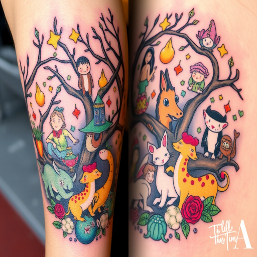 Illustrative tattoo titled "Fairytale Menagerie" portraying a whimsical collection of storybook characters and mythical creatures intertwined in a enchanted forest scene with soft color gradients
