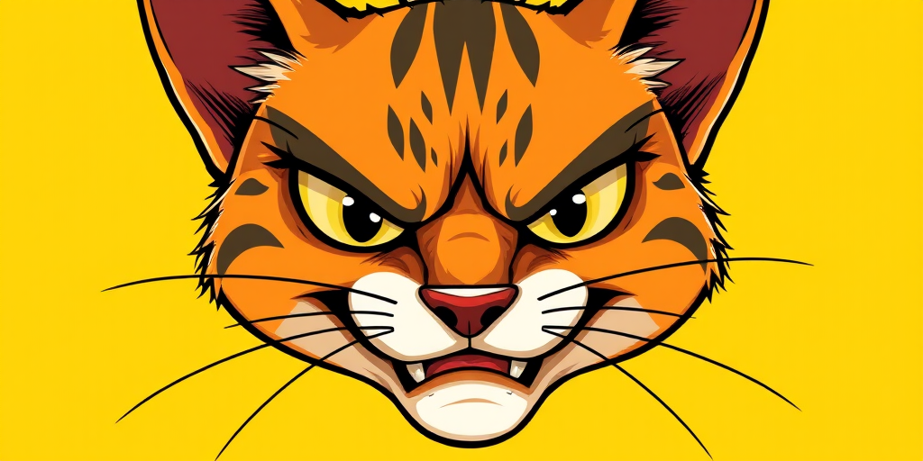 Create a close-up illustration of an angry cartoon cat face with exaggerated features on a bright yellow background, using a digital painting style with high contrast and sharp lines, captured from a straight-on perspective with vibrant colors and enhanced detail, simulated camera settings: ISO 100, aperture f/5.6, shutter speed 1/250s.