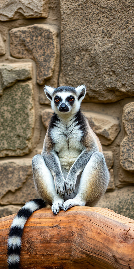 regenerate the image of a ring-tailed lemur sitting relaxed on a wooden log against a textured stone wall, capture with a Canon EOS 5D Mark IV, 50mm lens, f/1.8 aperture, ISO 100, natural light, shallow depth of field, vibrant colors, high resolution