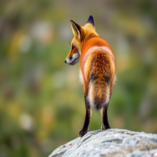 Capture a close-up of a red fox standing on a rock, looking back over its shoulder in a blurred natural setting with soft bokeh, use a DSLR camera with a 50mm lens, aperture f/2.8, ISO 200, and a shutter speed of 1/250 sec for enhanced clarity and depth.