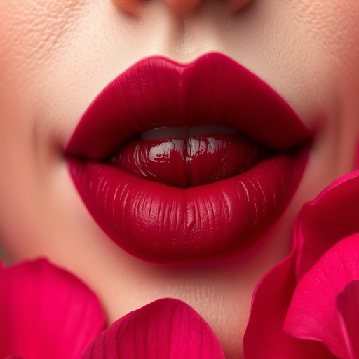 Romantic rose petal lips in deep burgundy with a velvety matte texture, mimicking the softness and richness of real flower petals