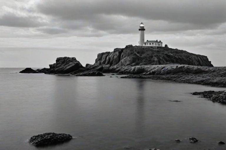 a black and white image of a lighthouse on a rocky island surrounded by calm waters and a cloudy sky