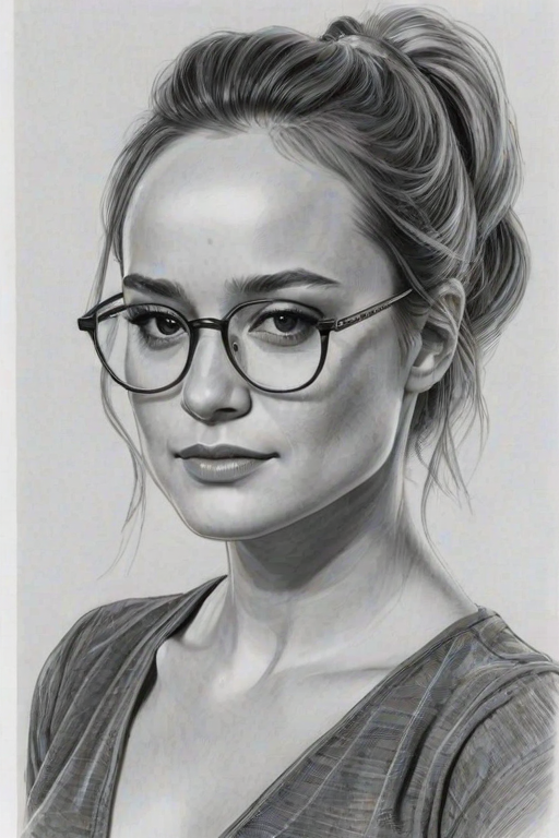 Fascinating Brie Larson, pencil sketch, portrait of Graceful woman 1980s in glasses, hair style beatnik, outline, clear lines, fine lines, 8k