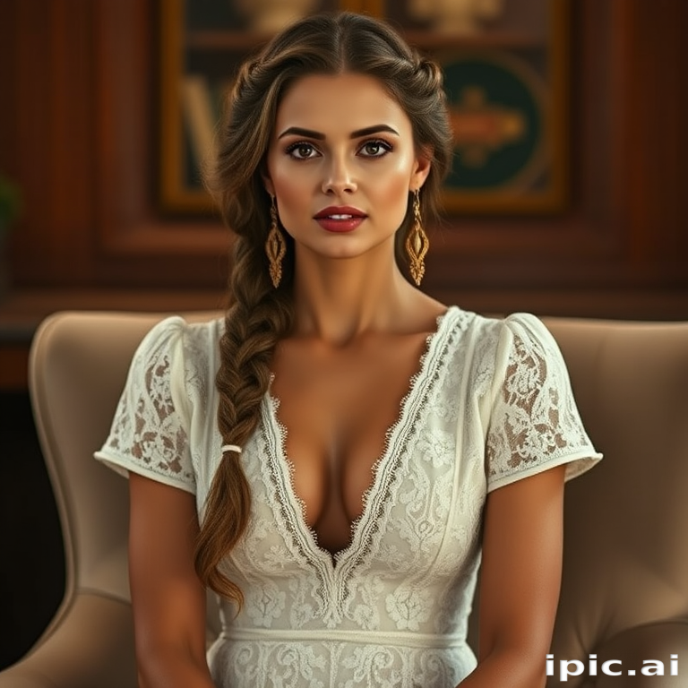 Create a portrait of a refined and elegant woman seated in a sophisticated setting. She has long, wavy hair styled in two thick braids that are pulled over her shoulders. She wears a white, lace gown with intricate patterns, featuring a deep V-neckline and short sleeves. The dress exudes a vintage charm with its delicate lacework. She is adorned with ornate, dangling earrings that add a touch of glamour to her appearance. The background is softly lit, with warm, ambient lighting that creates a cozy and inviting atmosphere. Her expression is poised and serene, capturing a sense of grace and elegance.