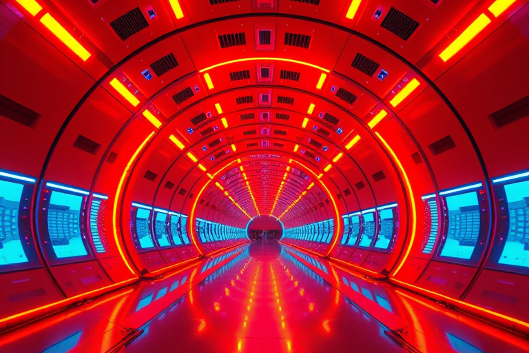 futuristic tunnel with vibrant orange and blue lights, symmetrical perspective, high resolution, 4K quality, aperture f/2.8, ISO 100, shutter speed 1/60 sec, wide angle lens, digital camera