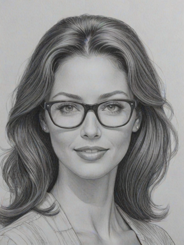 Radiant Shannon Elizabeth, pencil sketch, portrait of Sublime woman 1958s in glasses, hair style beatnik, outline, clear lines, fine lines, 8k