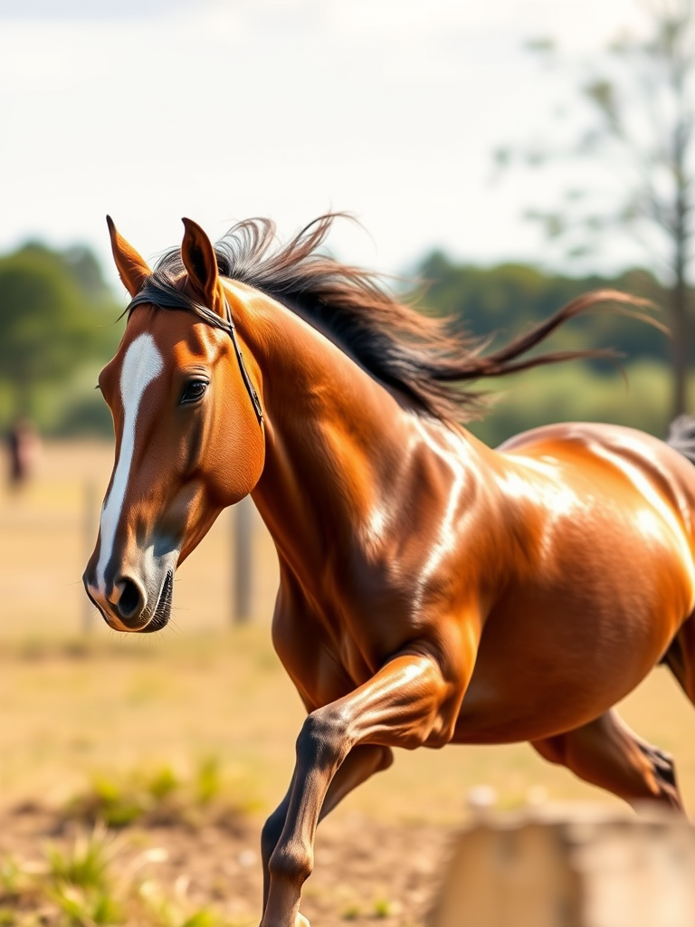 Create a highly detailed and realistic illustration of a galloping horse, captured from a low-angle side view with soft natural lighting, using a DSLR camera with an ISO of 200, aperture f/4.0, and a shutter speed of 1/500 second for sharpness and clarity.