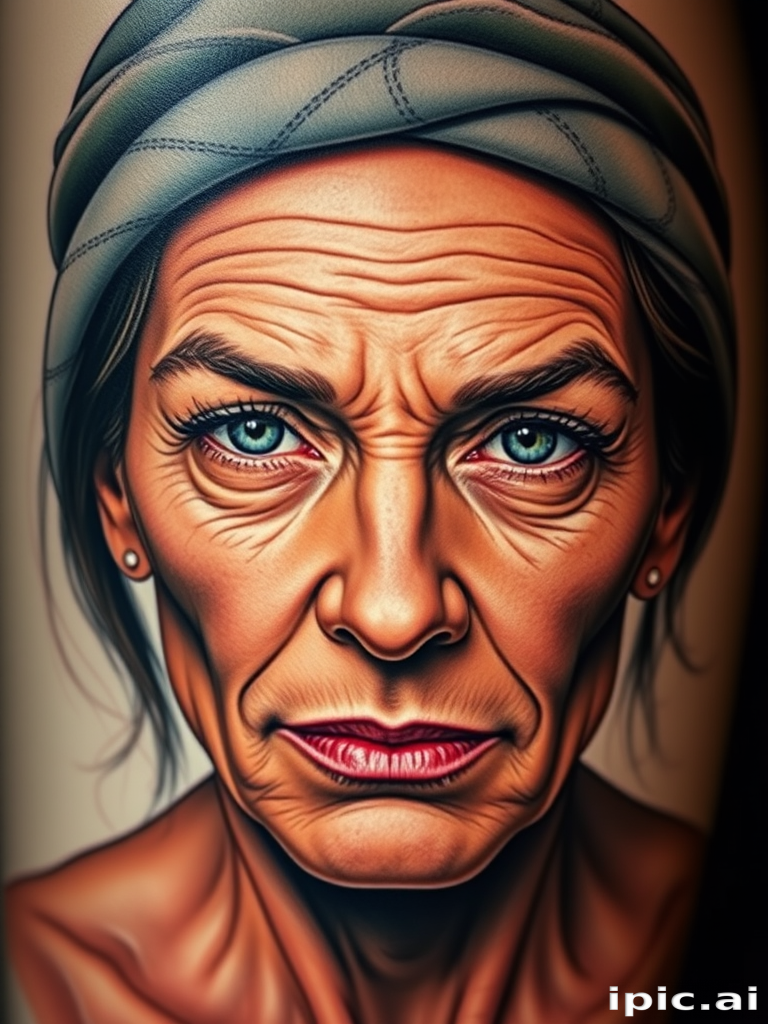 Hyper-realistic color portrait tattoo capturing every nuance of facial features and expressions, lifelike skin tones and textures, extraordinary attention to detail for a photographic quality