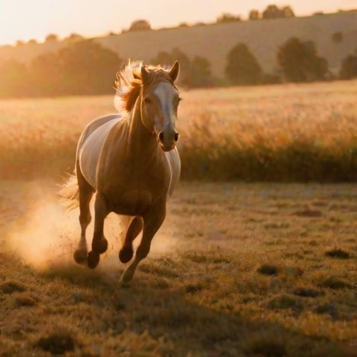 Blurry action shot of a horse galloping through a field at sunset, dust kicking up behind its hooves, with the soft orange glow of the evening sky lighting up the scene.