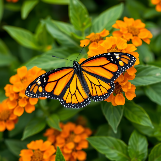 Generate an image of a vibrant monarch butterfly perched on bright orange flowers surrounded by lush green leaves, capturing the details of the butterfly's striking black and orange patterns and the texture of the flowers and foliage.