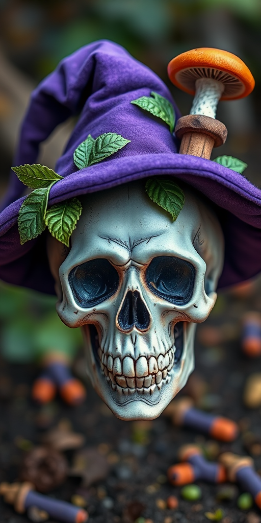 Create a highly detailed digital illustration of a whimsical skull wearing a purple witch hat adorned with leaves and a mushroom, use a 50mm lens, f/8 aperture, ISO 200, natural lighting, and a soft-focus background to enhance the image quality.