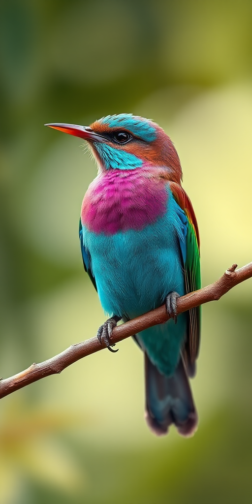 Regenerate a vibrant close-up image of a lilac-breasted roller perched on a branch with a blurred natural background, use a Canon EOS 5D Mark IV, 85mm lens, aperture f/2.8, ISO 200, shutter speed 1/500s for enhanced image quality.