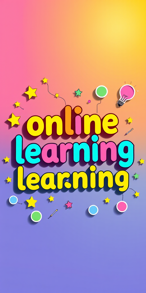 Create a vibrant and colorful graphic design featuring the text "online learning" in playful, bold fonts surrounded by stars, circles, and light bulb icons, captured with a digital camera at f/2.8 aperture, ISO 100, 35mm focal length, with a shallow depth of field and bright natural lighting.