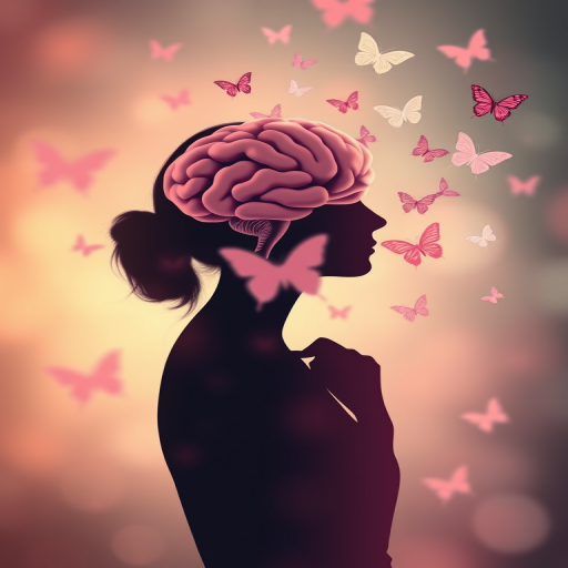 Create an abstract image of a silhouette of a woman thinking with a brain illustration, surrounded by soft pastel butterflies, use a shallow depth of field, Canon EOS 5D Mark IV, 50mm f/1.8 lens, aperture f/2.8, ISO 100, with a warm color palette and soft focus for a dreamy effect.