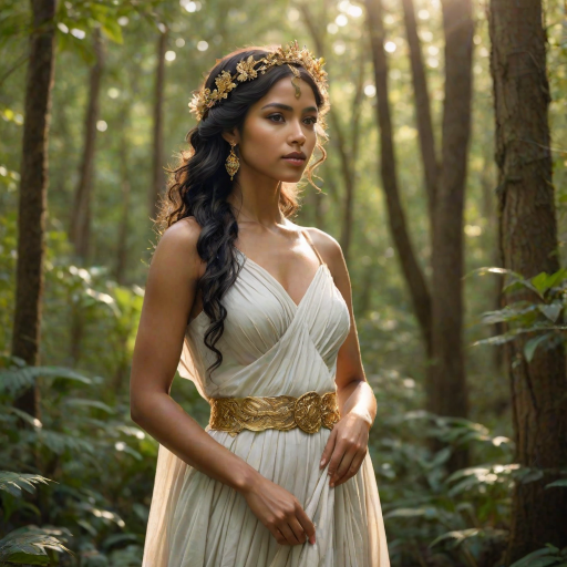 Create a portrait of a goddess-like Indo-Caribbean girl figure in a tranquil, forested environment. She has an elegant appearance with long, wavy hair styled in an updo and adorned with a delicate, floral headband. She wears a flowing, ancient Greek-inspired gown in a soft, pale color, featuring a one-shoulder design and draped fabric that accentuates her graceful form. The outfit includes a decorative belt with ornate gold detailing, and she holds a bow in her hand, with a quiver of arrows slung over her shoulder. The background depicts lush greenery, with sunlight filtering through the trees, casting a gentle, ethereal light on the scene. Her expression is calm and contemplative, embodying a sense of wisdom and serenity.