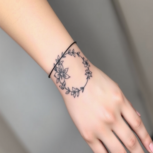 Elegant fine line tattoo wrapping around the wrist, depicting a delicate floral wreath with intricate botanical details, using thin black lines to create a subtle and feminine design