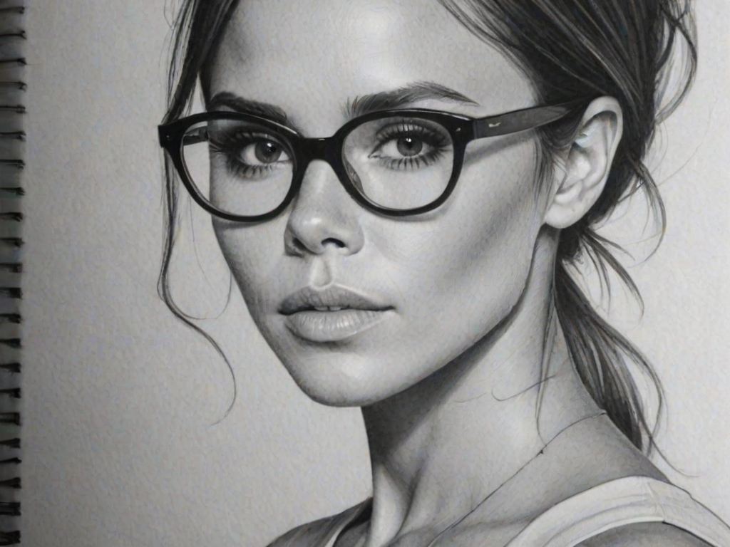 Attractive Victoria Beckham, pencil sketch, portrait of Enticing woman 1968s in glasses, hair style beatnik, outline, clear lines, fine lines, 8k