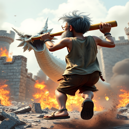 Cartoon 3D High-Resolution,dynamic battle scene using Unreal Engine 5 and Octane Render. The scene features back of an elderly, thai man with a beard,messy hair and round golden-rimmed glasses. He is wearing a tattered tank top with soot marks, shorts, and sandals. sweating. he wields a baseball bat. He jump to fight with a white fire-breathing Europe dragon amidst a partially destroyed stone castle. Include intense flames, smoke, and debris to enhance the dramatic effect.