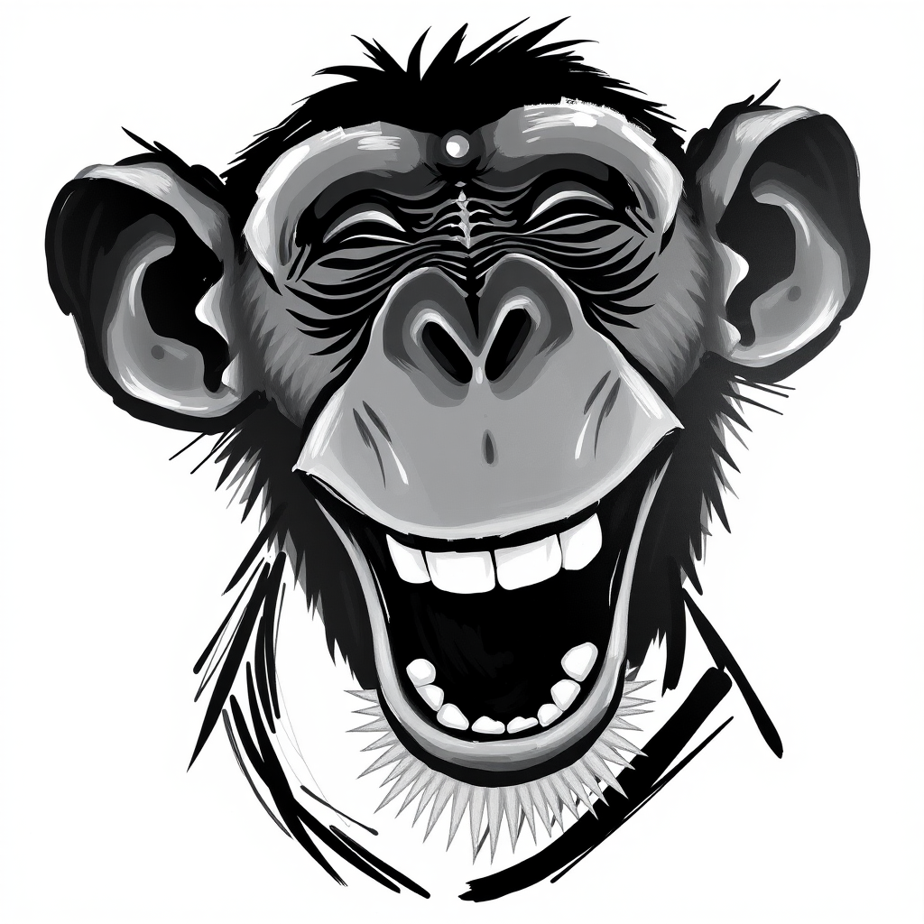 Abstract black and white acrylic portrait of an over exaggerated laughing (monkey). Minimalism style. White background.