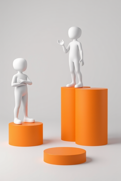 Create an image of four white 3D figures standing on orange cylindrical pedestals at varying heights, with the tallest figure gesturing, using a Canon EOS R5 camera, 50mm lens, f/2.8 aperture, ISO 100, and a softbox lighting setup to enhance quality and clarity.