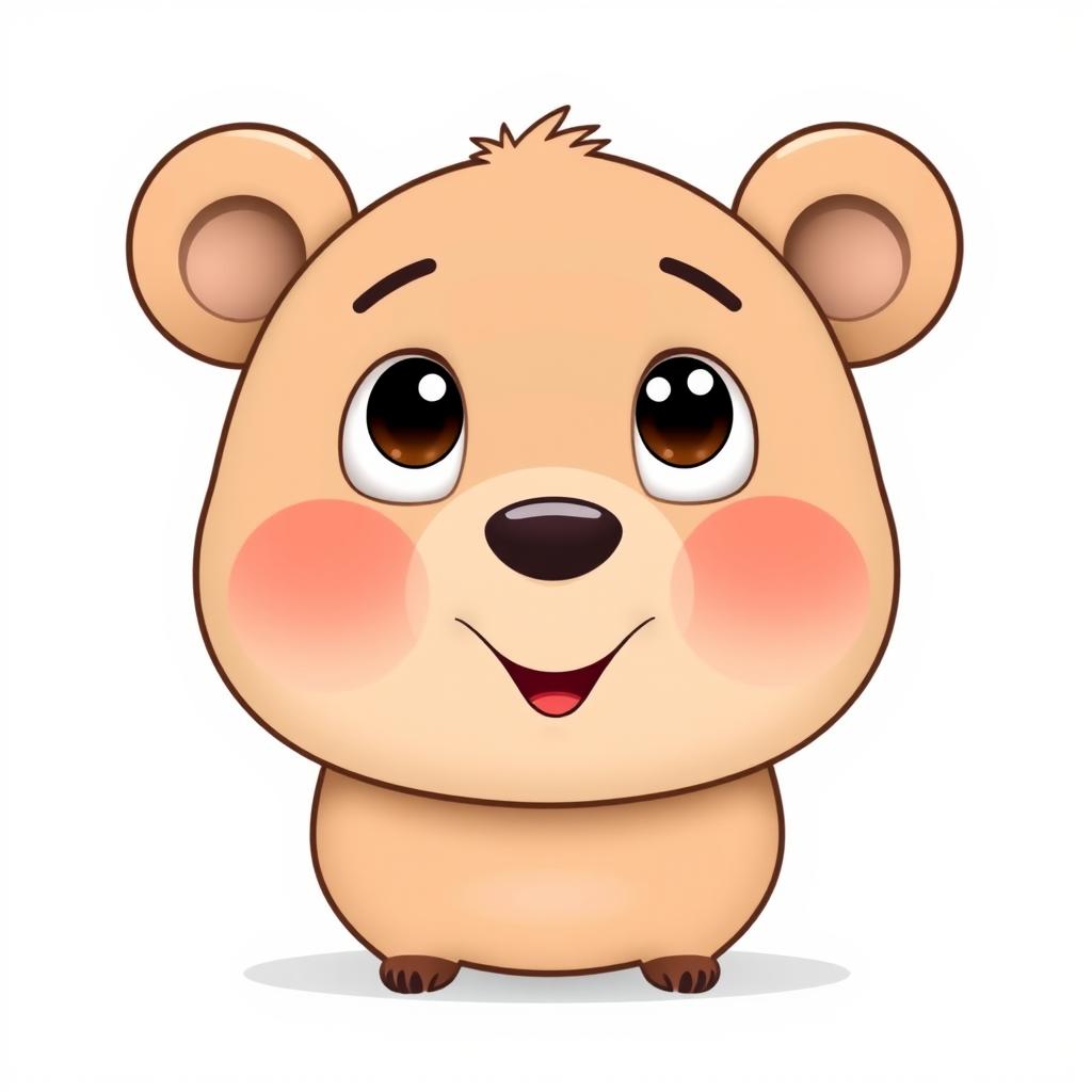 Create a cute cartoon bear character with large expressive eyes, soft rounded features, and a smiling face, set against a clean white background, captured with a Canon EOS R5 camera at f/2.8 aperture, 50mm focal length, and ISO 100 for optimal clarity and detail.