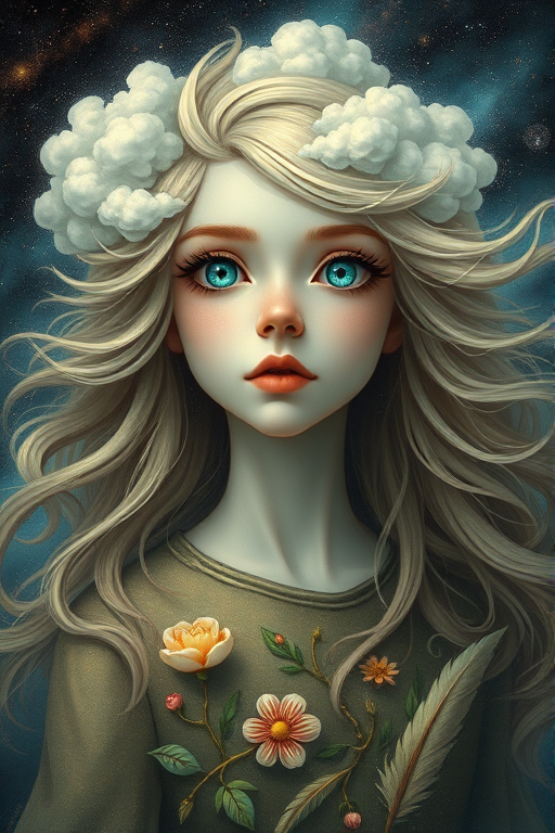 Create a series of imaginative portraits where each subject is infused with elements of fantasy and nature. The hair of the individuals should flow like clouds, varying from soft, fluffy cumulus to wispy cirrus strands, with hints of color reflecting a sunset or a clear blue sky. The eyes should be windows to entire galaxies, with stars, nebulae, and distant planets visible within them. Clothing should be adorned with nature motifs, such as floral patterns that bloom and change, vines that seem to grow and wrap around, or feathers that shimmer with iridescence. Each portrait should capture a unique personality, blending human features with the ethereal beauty of the natural and cosmic world. The backgrounds can vary, from starry night skies to enchanted forests, adding depth and context to the magical realism of the portraits