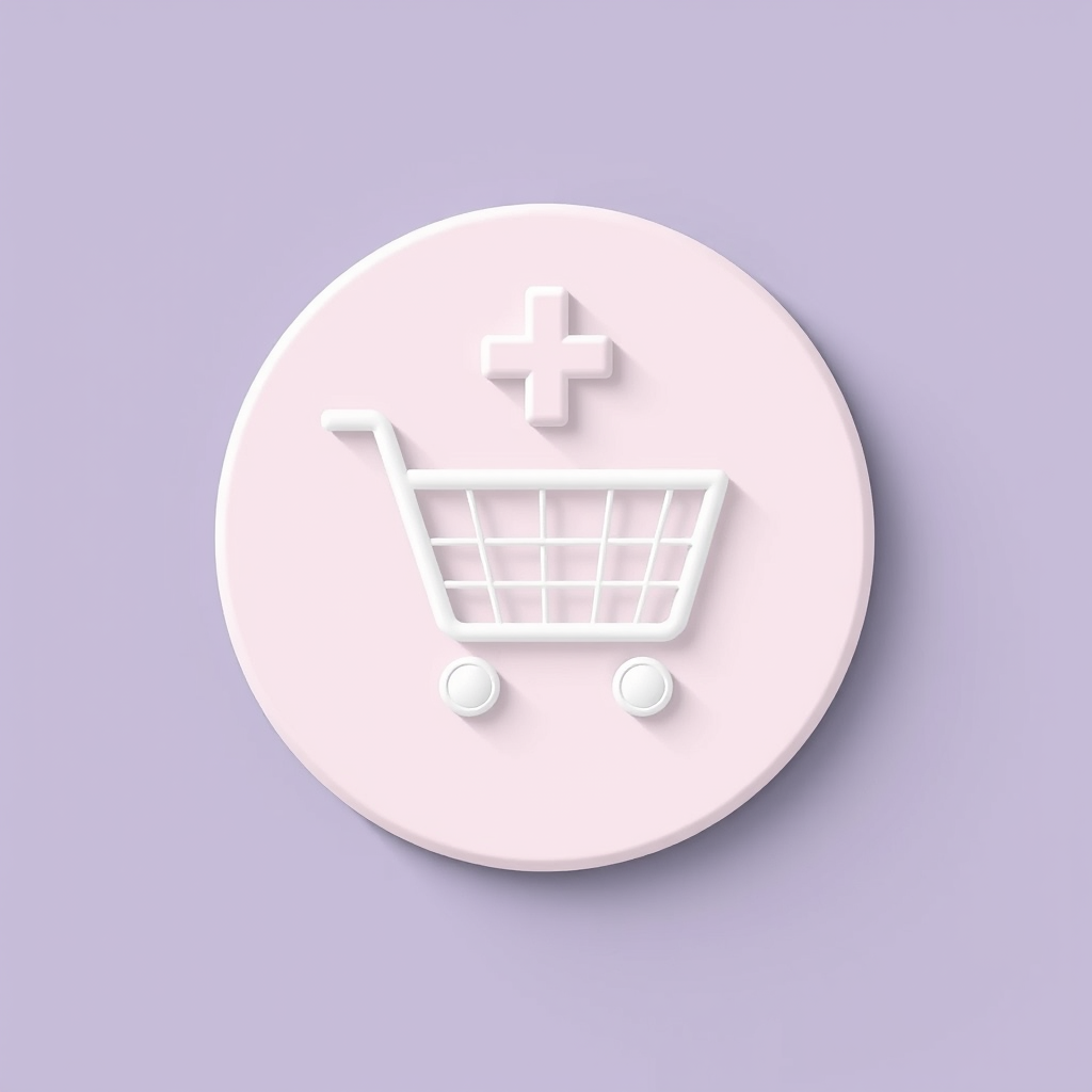 Create an image of a shopping cart icon with a plus sign in a flat design style, using a Canon EOS R5 camera with an aperture of f/2.8, ISO 100, and a 50mm lens, shot from a top-down view to enhance clarity and detail.