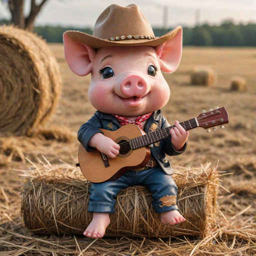 A chibi pig, dressed as a cowboy, playing guitar, sitting on a hay bale
