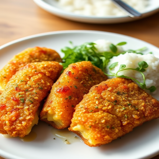 A beautifully plated dish of four pieces of cheese-filled katsu, crispy golden-brown with herbs sprinkled on top, accompanied by a side salad of microgreens and a small serving of fluffy white rice, shot with a Canon EOS R5, 50mm lens, f/1.8 aperture, ISO 100, natural lighting for a bright and appetizing look.
