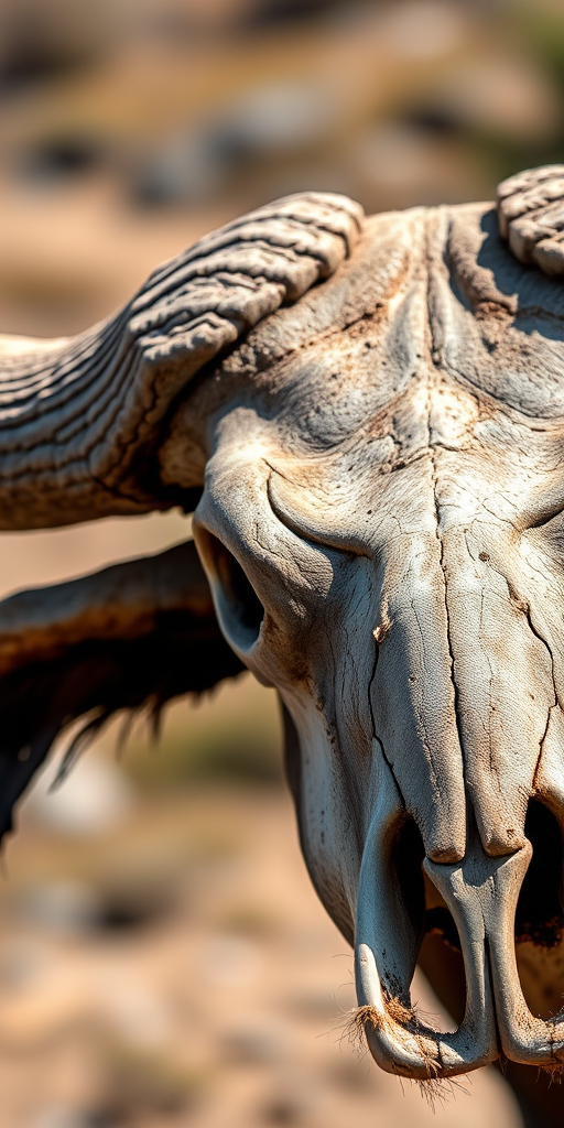 high-resolution image of a buffalo skull with prominent horns, shot with a 50mm lens at f/2.8, natural lighting, close-up view, DSLR camera, emphasis on texture and detail