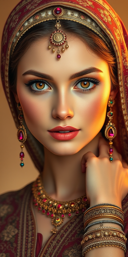 Create a portrait of a beautiful woman with striking hazel eyes and a gentle expression. She is adorned in traditional attire with intricate patterns, including a richly embroidered headscarf and matching garments. Her jewelry includes a delicate headpiece, dangling earrings, and ornate bracelets, all featuring vibrant gemstones and detailed metalwork. The background is soft and warm, enhancing the rich colors of her outfit and jewelry.