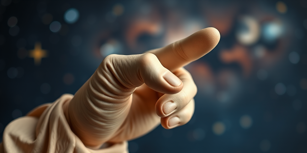 Close-up of a sculpted hand pointing, with a cosmic background featuring stars and nebulae, taken with a DSLR camera, 50mm lens, f/1.8 aperture, ISO 100, shutter speed 1/200s, in macro photography style.