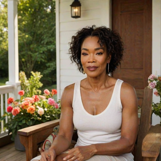 A photo of Angela Bassett with a background of a cozy porch. She has dark hair pulled back in an updo, with tendrils framing her face. She wears a white tank top and sits on the porch. The porch is part of a well-lit home with a warm, earthy tone and colorful flowers and foliage. The overall scene has a warm, welcoming, and comfortable ambiance.