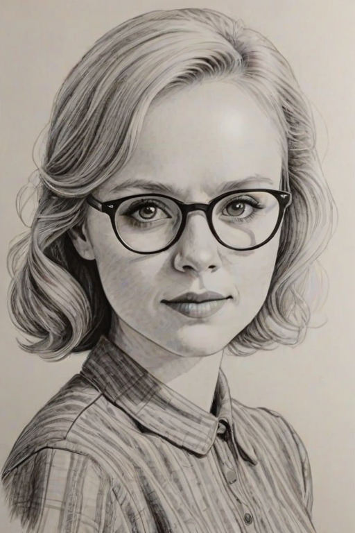 Comely Alison Pill, pencil sketch, portrait of Bewitching woman 1953s in glasses, hair style beatnik, outline, clear lines, fine lines, 8k