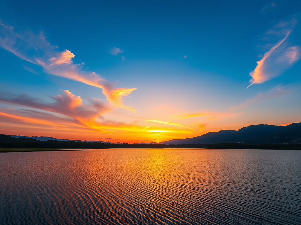 Create a high-resolution image of a sunset over a calm lake with vibrant colors in the sky, using a Canon EOS R5, 24-70mm lens, aperture f/8, shutter speed 1/120 sec, ISO 100, landscape orientation, golden hour lighting for enhanced details and contrast.
