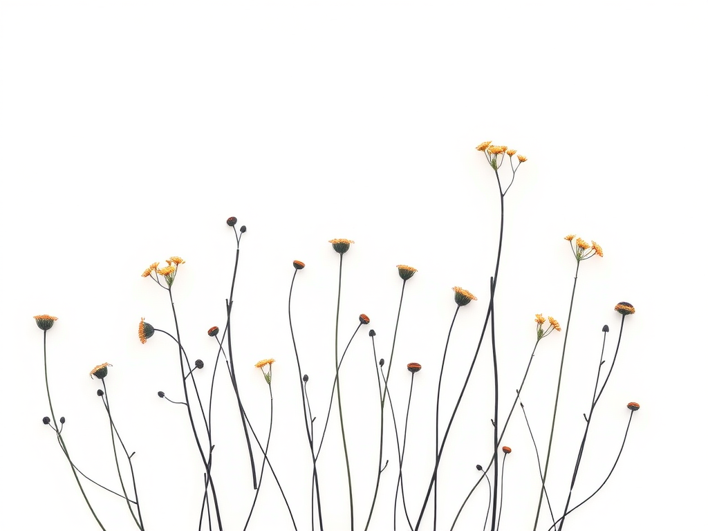 create a minimalistic illustration of delicate wildflowers with thin black stems and circular light blue backgrounds, using a digital art style, with a high-resolution setting of 300 DPI, shot from a top-down perspective, simulating a soft pastel texture akin to watercolor paper.