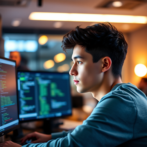 indoor portrait of a focused young man coding at dual monitors, studio lighting, shallow depth of field, ISO 100, f/1.8, 50mm lens, soft bokeh background, high resolution, DSLR camera