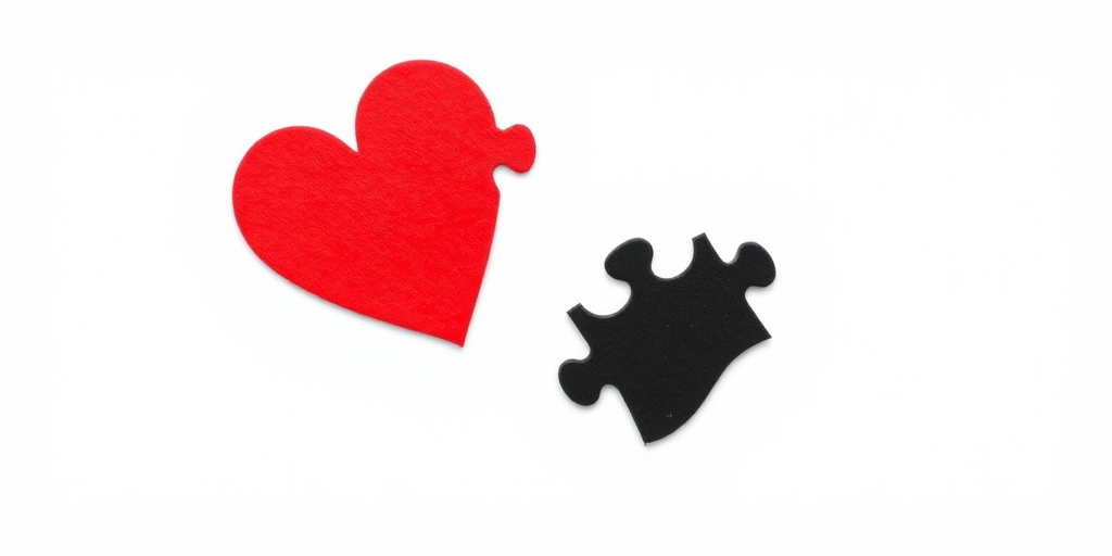 Create a vibrant red heart image with two black puzzle pieces, use a high-resolution digital camera, set aperture to f/8, ISO 100, 50mm lens, with a 3/4 view and a clean white background for enhanced contrast.