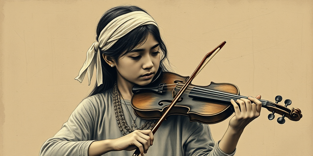 a young Mapuche woman with a white headband playing a violin, in the style of a charcoal drawing, sepia grunge background