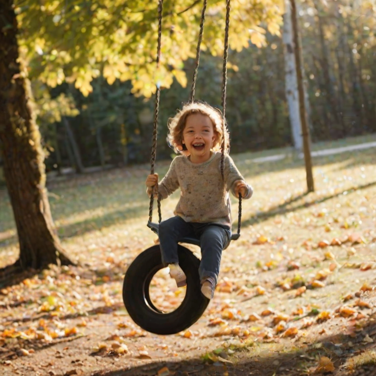 Blurry action shot of a child swinging on a tire swing, mid-air with a wide smile, sunlight filtering through the leaves above, soft shadows cast on the ground, the distant sound of laughter and birds chirping in the background.