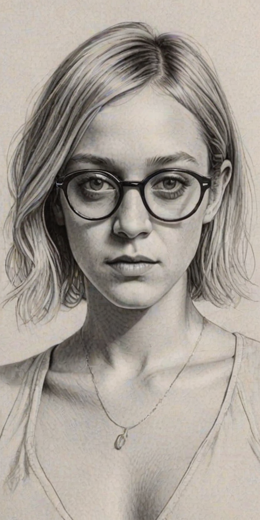 Lovely Chloe Sevigny, pencil sketch, portrait of Sublime woman 1977s in glasses, hair style beatnik, outline, clear lines, fine lines, 8k