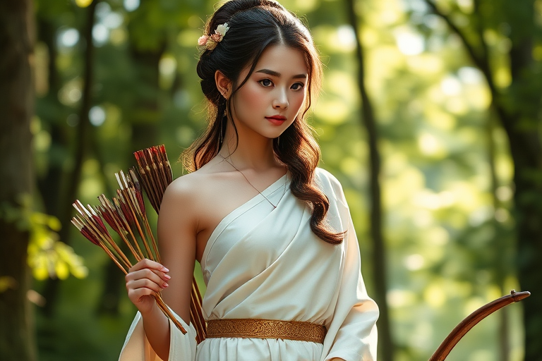 Create a portrait of a goddess-like Japanese girl figure in a tranquil, forested environment. She has an elegant appearance with long, wavy hair styled in an updo and adorned with a delicate, floral headband. She wears a flowing, ancient Greek-inspired gown in a soft, pale color, featuring a one-shoulder design and draped fabric that accentuates her graceful form. The outfit includes a decorative belt with ornate gold detailing, and she holds a bow in her hand, with a quiver of arrows slung over her shoulder. The background depicts lush greenery, with sunlight filtering through the trees, casting a gentle, ethereal light on the scene. Her expression is calm and contemplative, embodying a sense of wisdom and serenity.